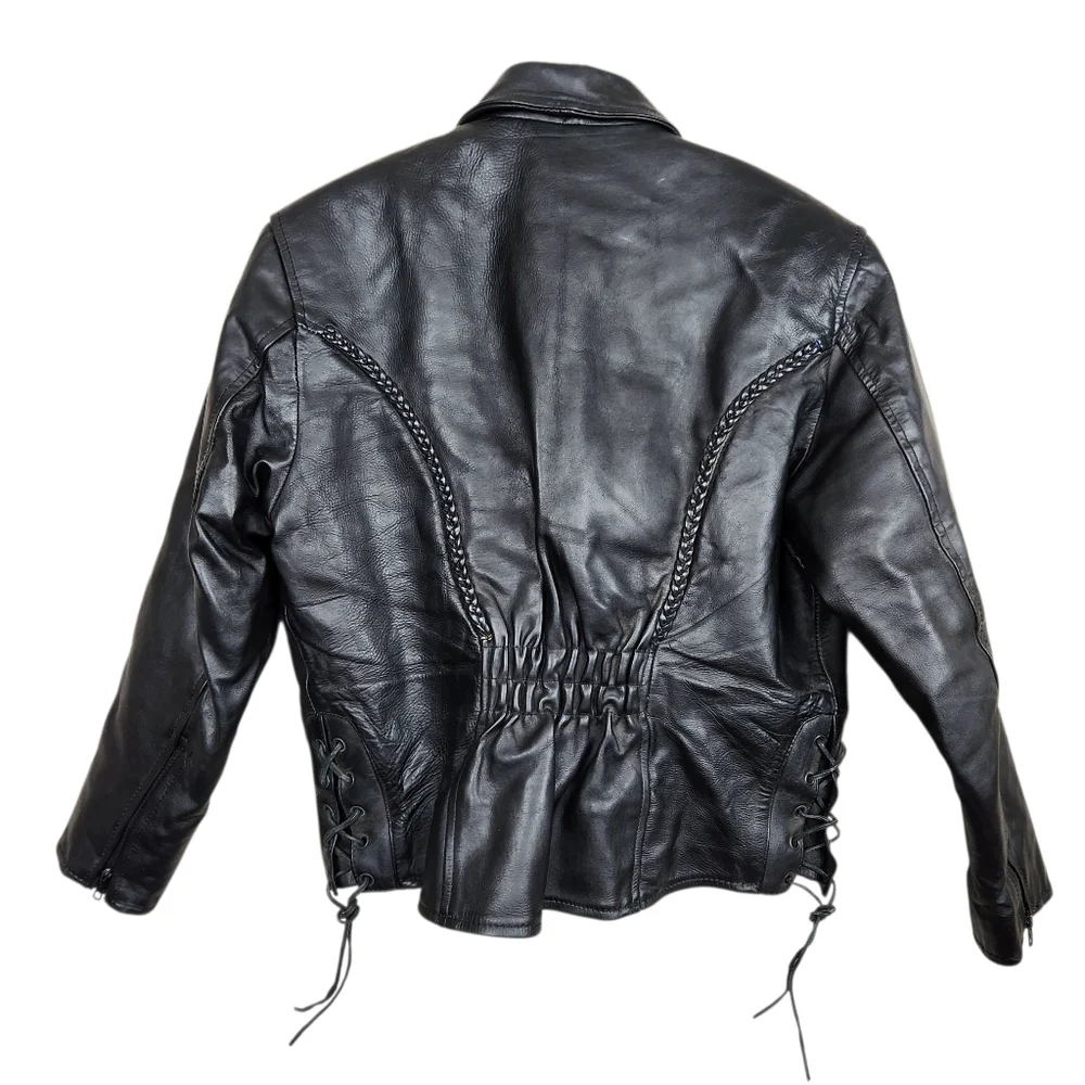Antelope Creek Vintage Black Leather Moto Riding Jacket Braided HD Womens Size M